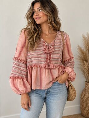 NWT American Eagle Cotton Linen Boho Peasant Blouse Pink Striped Tassel Tie